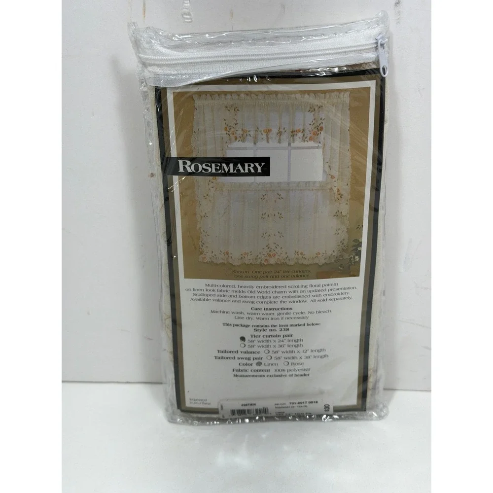 Rosemary Embroidered Floral Tier Curtain Pair Linen 58x24 Style 238 NIP